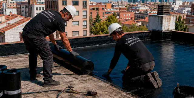 Operarios trabajando sobre una cubierta en Madrid